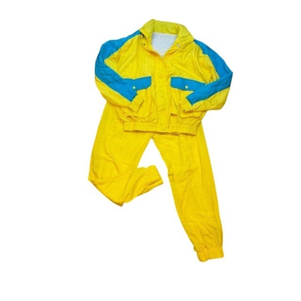 VTG Women Yellow Blue Colorblock Tracksuit Set Windbreaker Jacket Jogger Pants M
